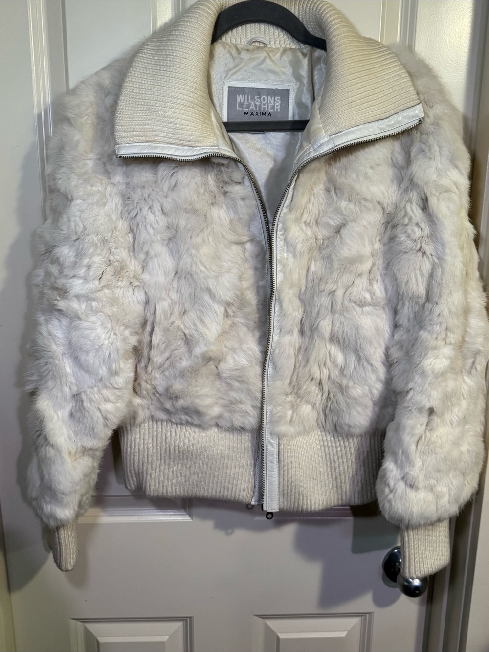 Wilsons Leather Cream Fur Bomber with Ribbed Trim